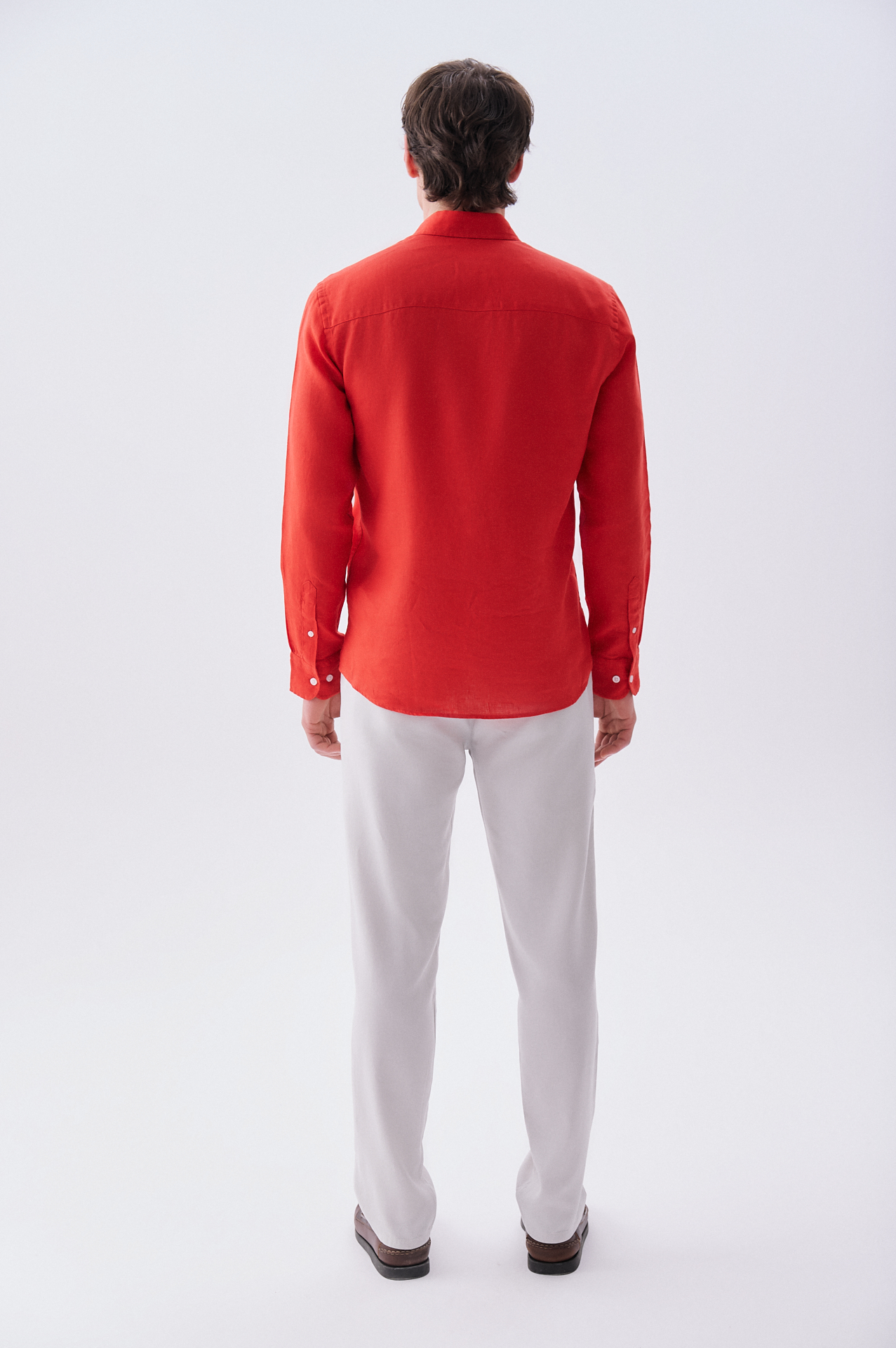 Erkek Kırmızı Slim Fit Uzun Kollu Keten Gömlek