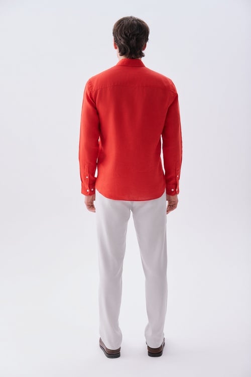  Erkek Kırmızı Slim Fit Uzun Kollu Keten Gömlek