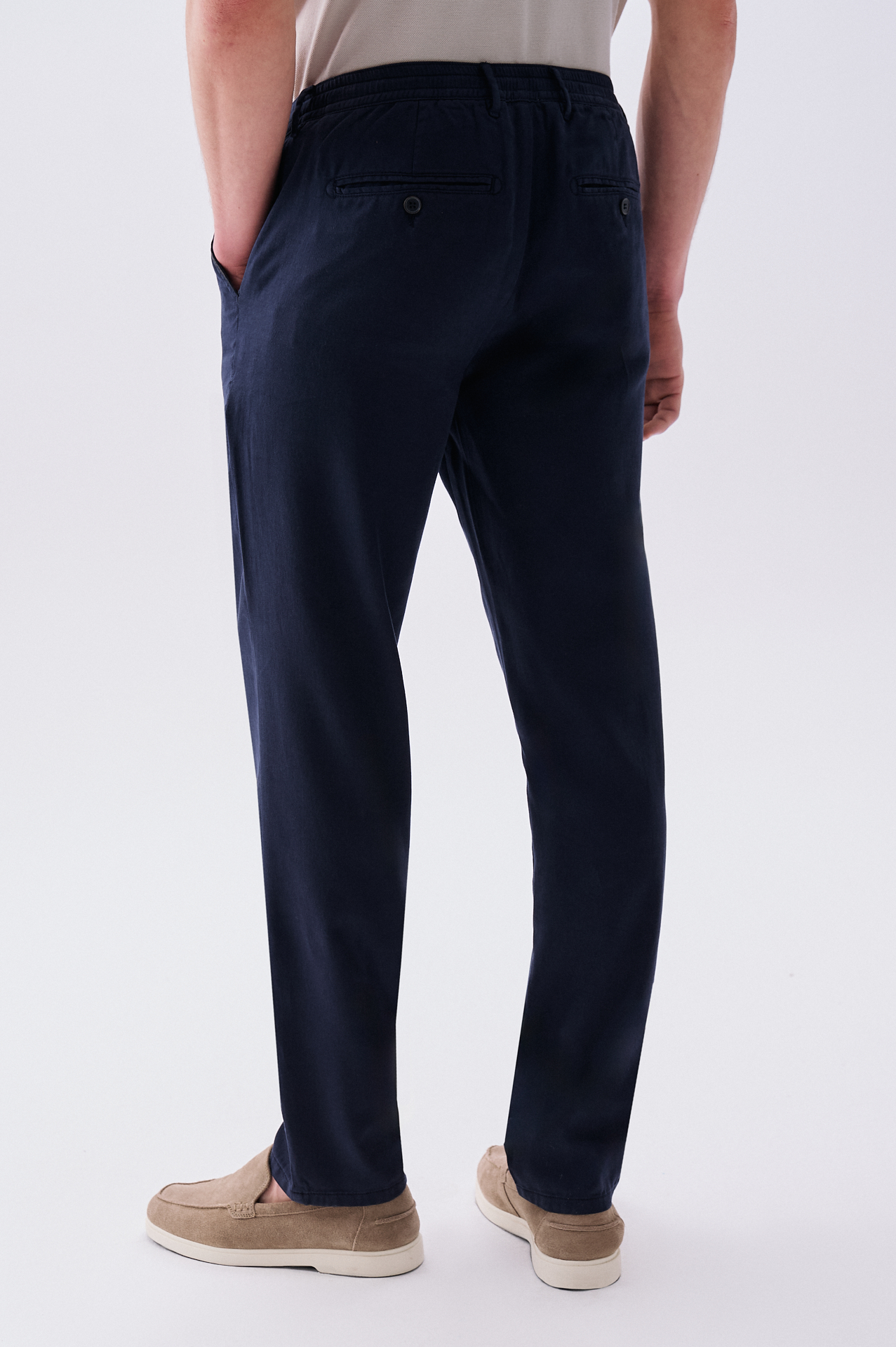 Erkek Lacivert Slim Straight Fit Beli Bağlamalı Pantolon