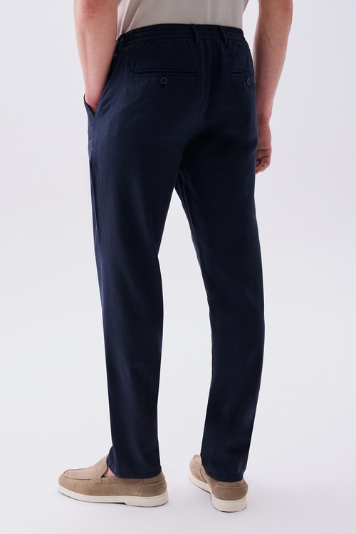  Erkek Lacivert Slim Straight Fit Beli Bağlamalı Pantolon