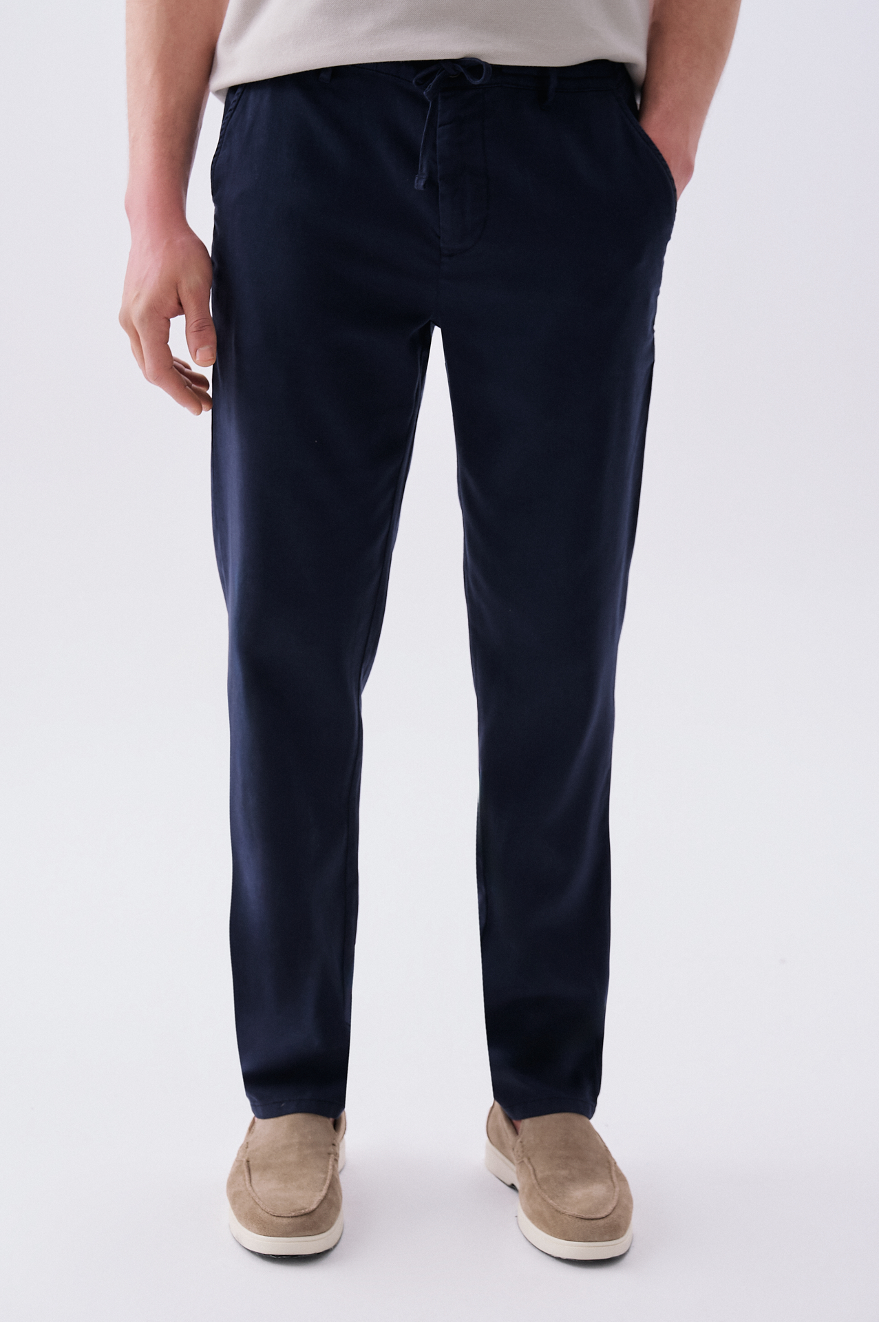 Erkek Lacivert Slim Straight Fit Beli Bağlamalı Pantolon