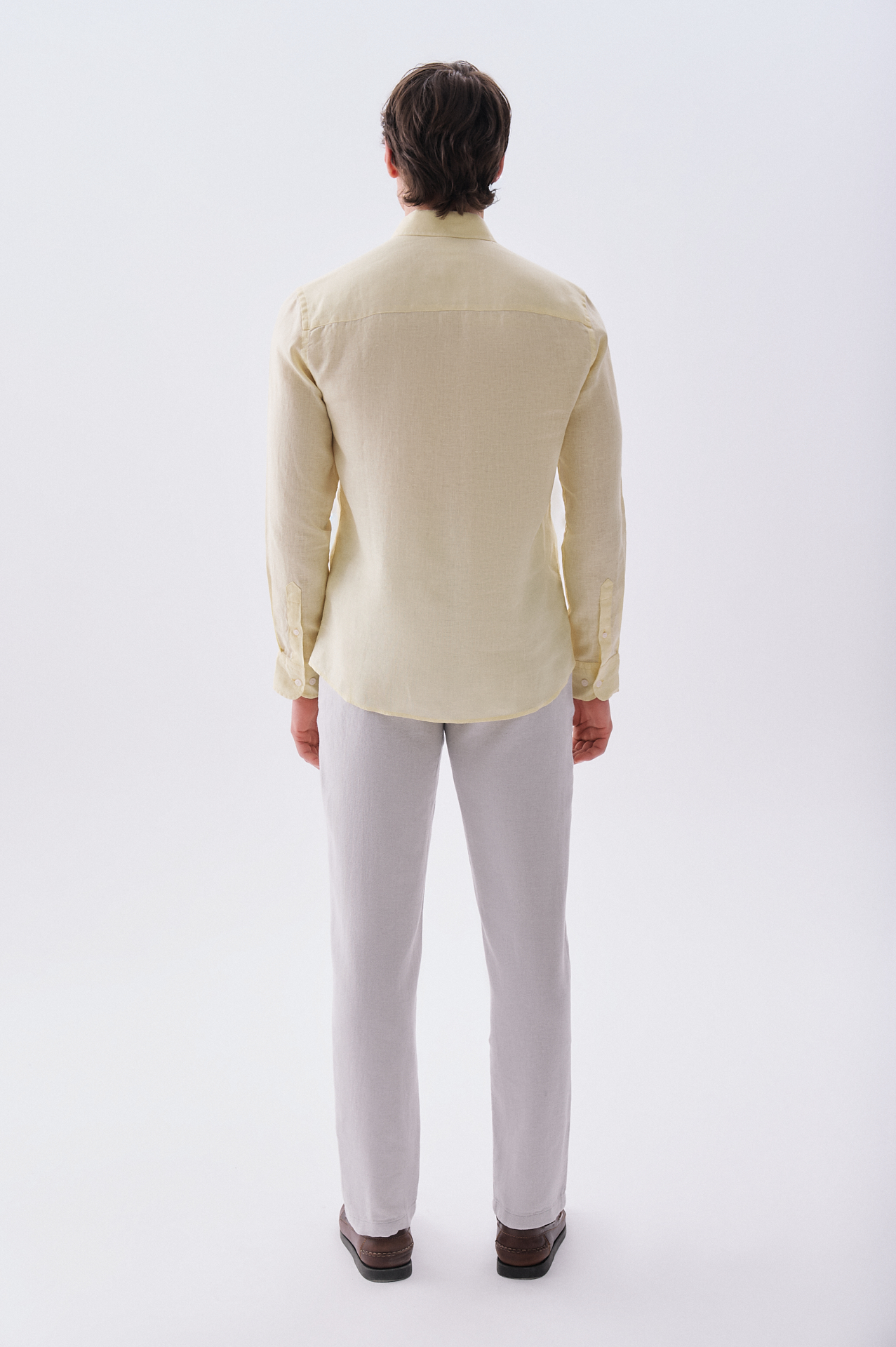 Erkek Sarı Slim Fit Uzun Kollu Keten Gömlek