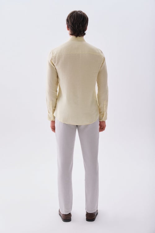  Erkek Sarı Slim Fit Uzun Kollu Keten Gömlek