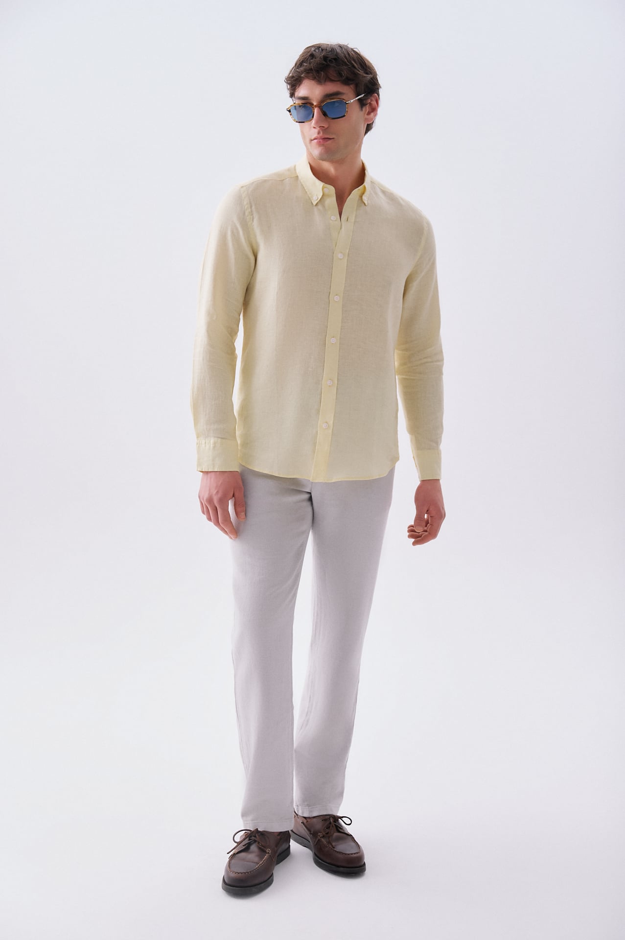 Erkek Sarı Slim Fit Uzun Kollu Keten Gömlek