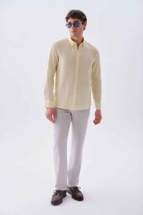  Erkek Sarı Slim Fit Uzun Kollu Keten Gömlek