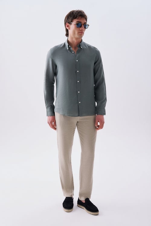  Erkek Yeşil Gri Slim Fit Uzun Kollu Keten Gömlek