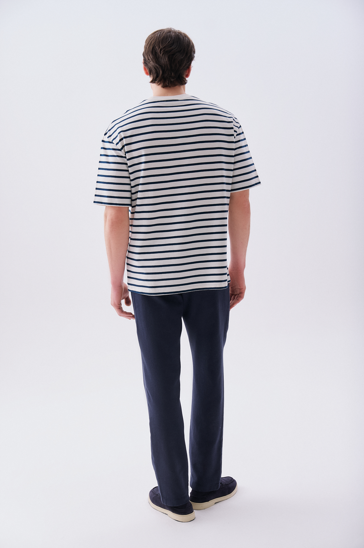 Erkek Lacivert Çizgili Oversize Bisiklet Yaka T-Shirt