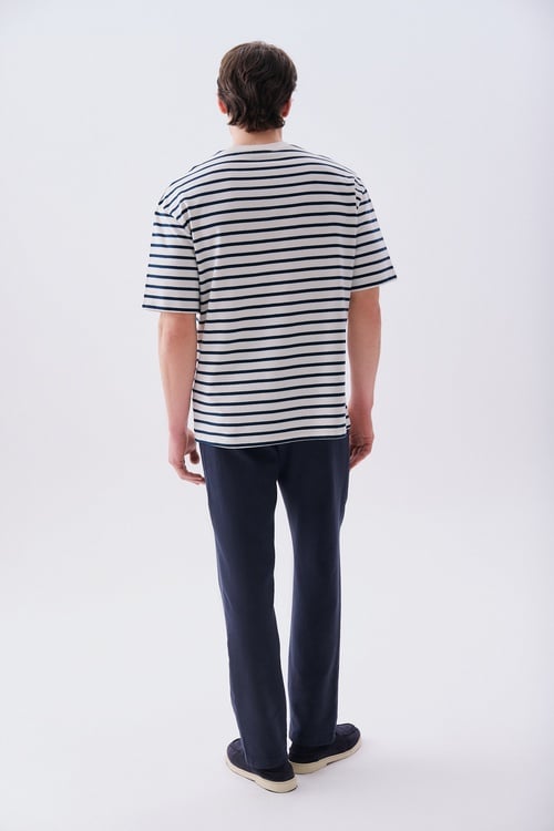 Erkek Lacivert Çizgili Oversize Bisiklet Yaka T-Shirt