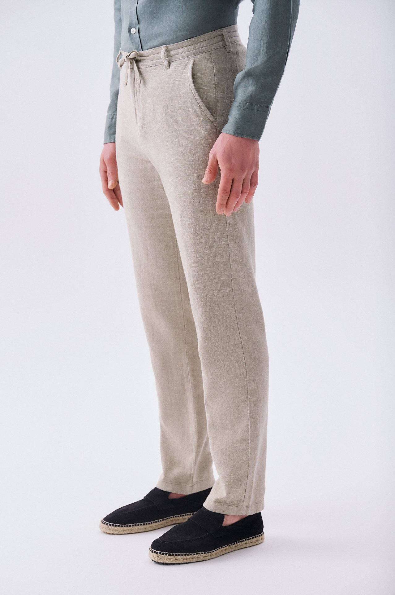 Erkek Haki Tekstürlü Slim Straight Fit Pantolon