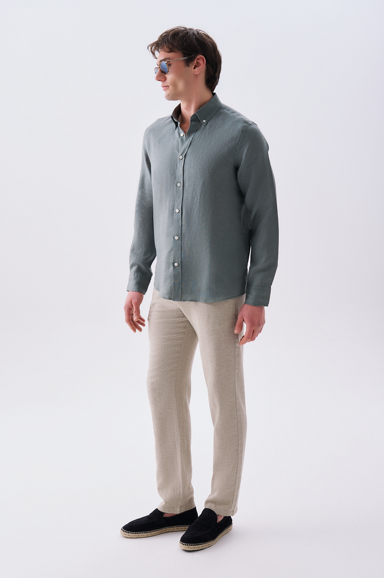 Erkek Yeşil Gri Slim Fit Uzun Kollu Keten Gömlek