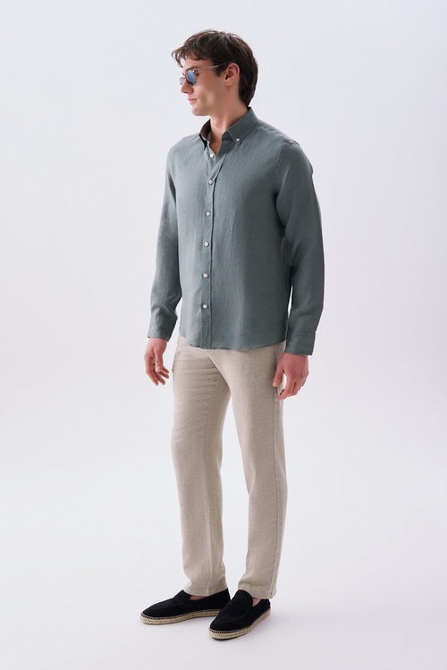  Erkek Yeşil Gri Slim Fit Uzun Kollu Keten Gömlek