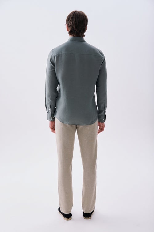  Erkek Yeşil Gri Slim Fit Uzun Kollu Keten Gömlek