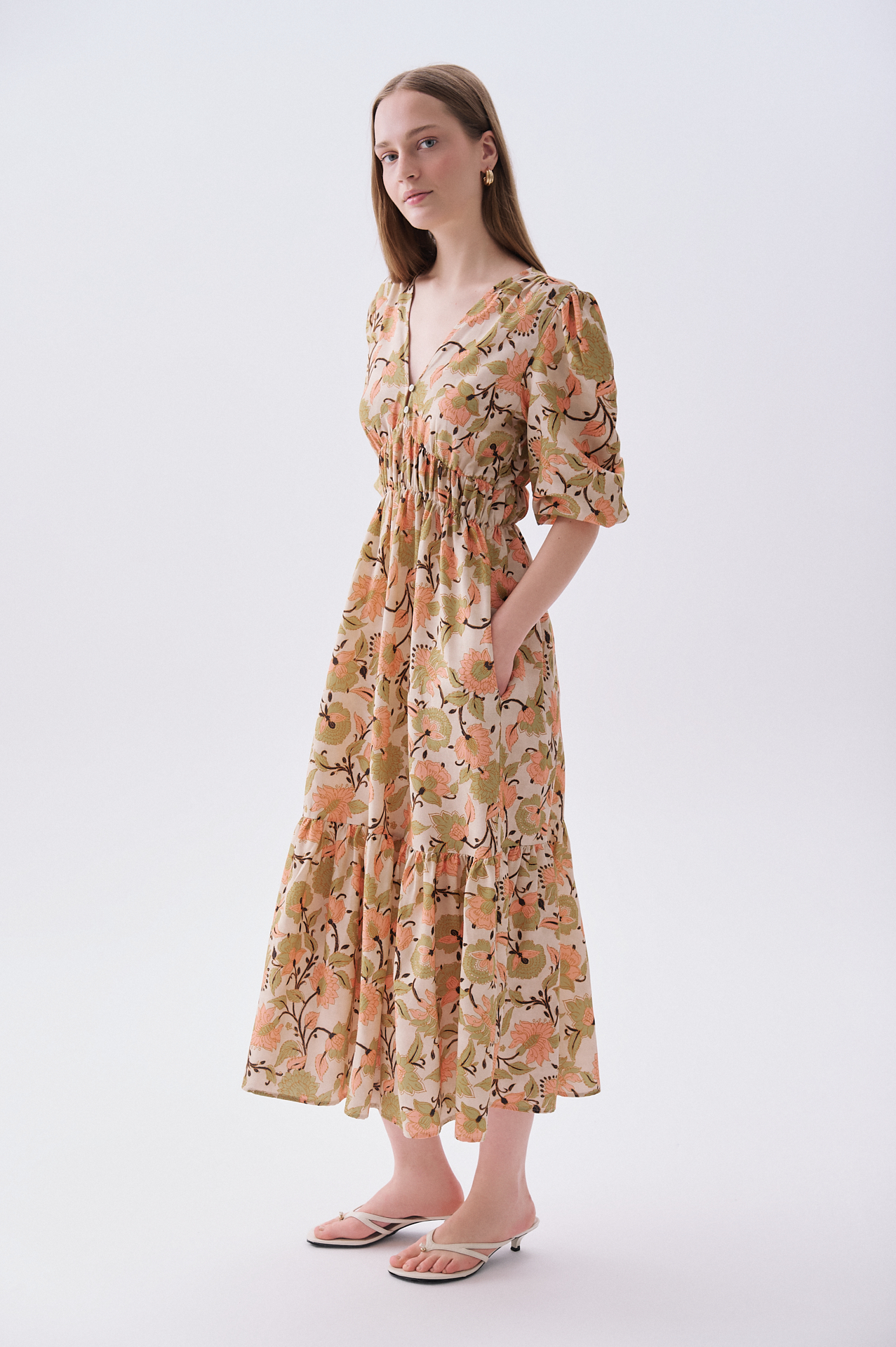 Kadın Pembe Floral Desenli A Form Midi Elbise