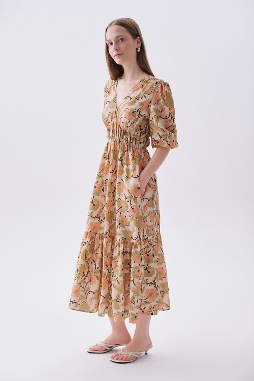 FLORAL DESENLİ A FORM MİDİ ELBİSE