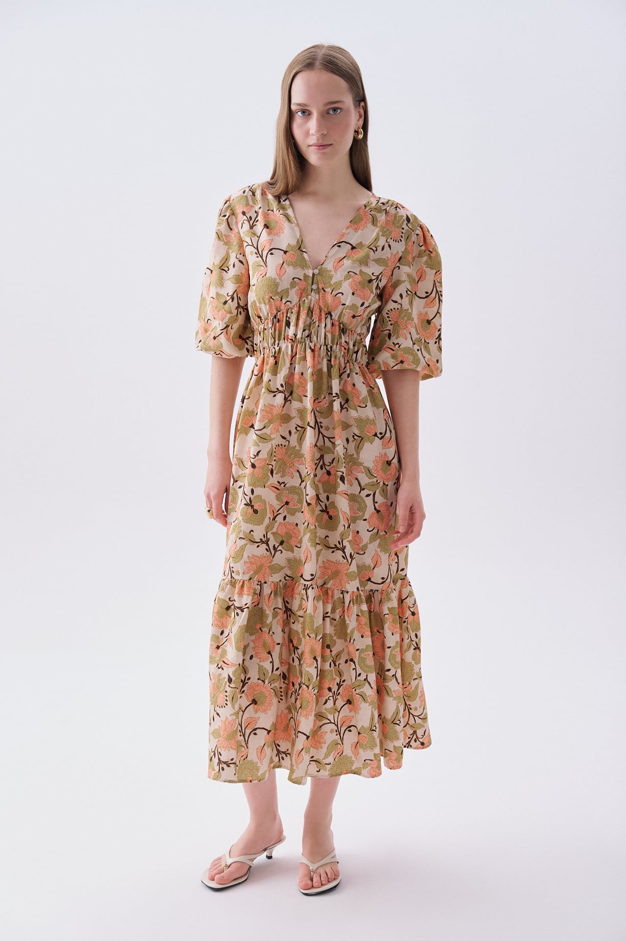 Kadın Pembe Floral Desenli A Form Midi Elbise