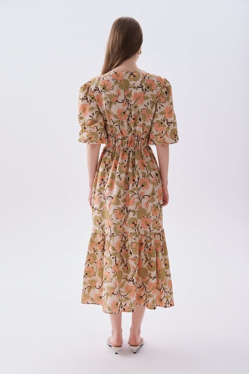 FLORAL DESENLİ A FORM MİDİ ELBİSE