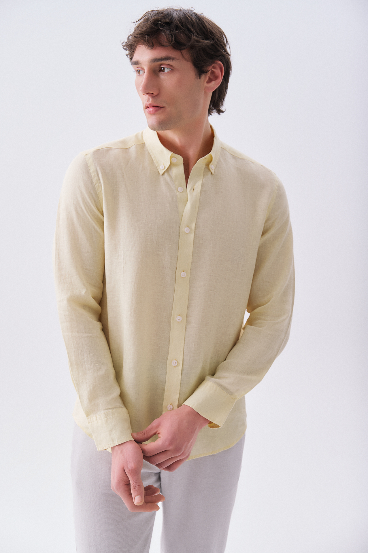 Erkek Sarı Slim Fit Uzun Kollu Keten Gömlek