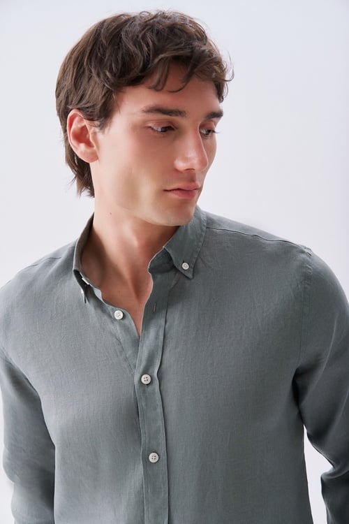  Erkek Yeşil Gri Slim Fit Uzun Kollu Keten Gömlek