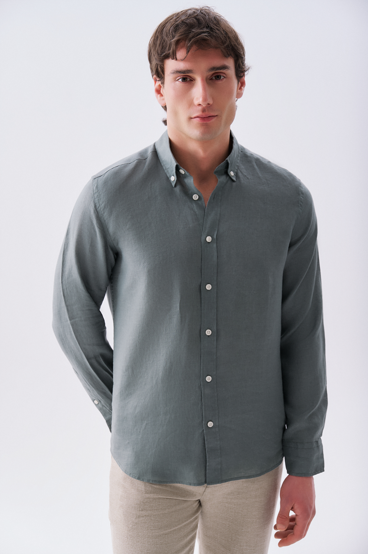 Erkek Yeşil Gri Slim Fit Uzun Kollu Keten Gömlek