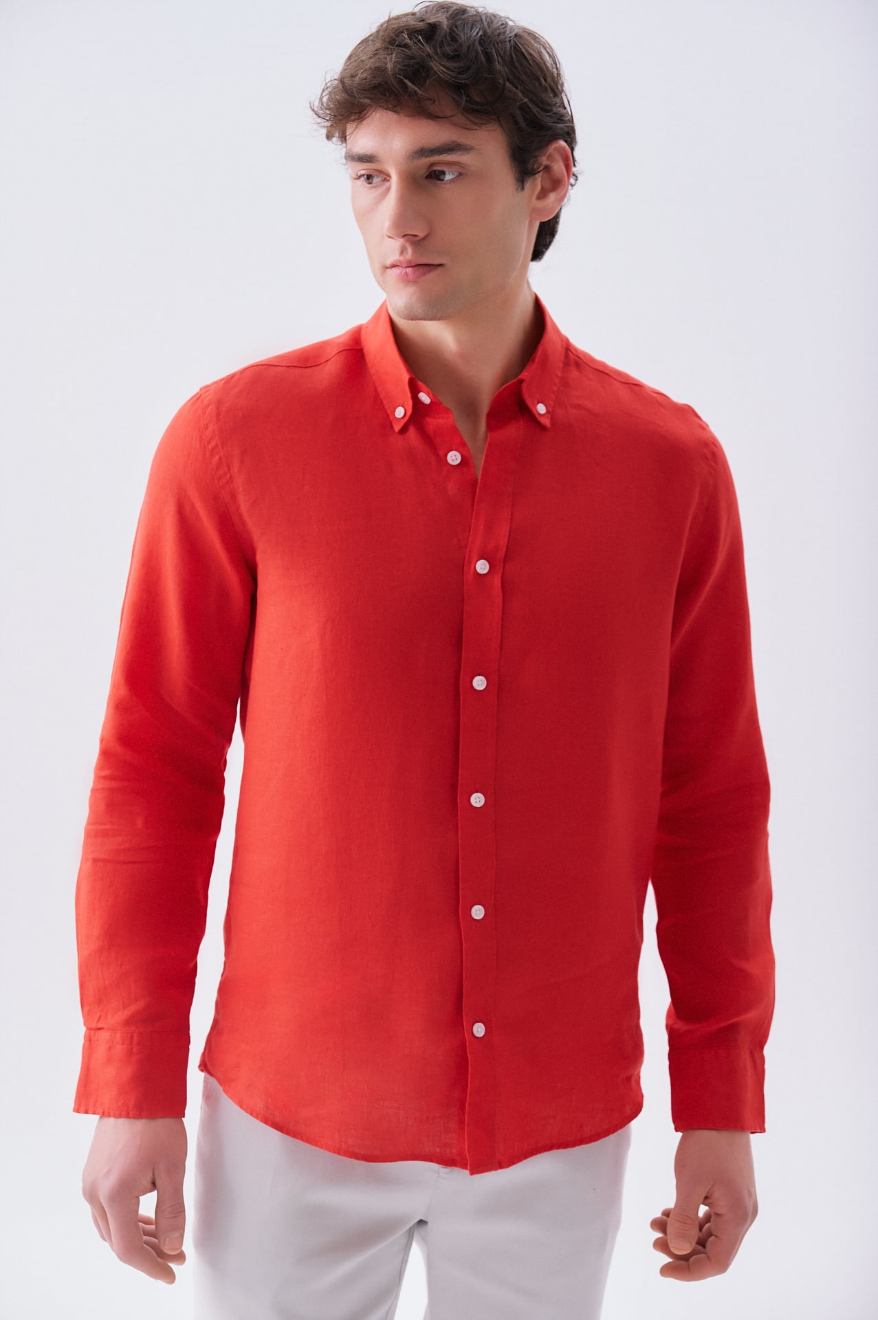 Erkek Kırmızı Slim Fit Uzun Kollu Keten Gömlek