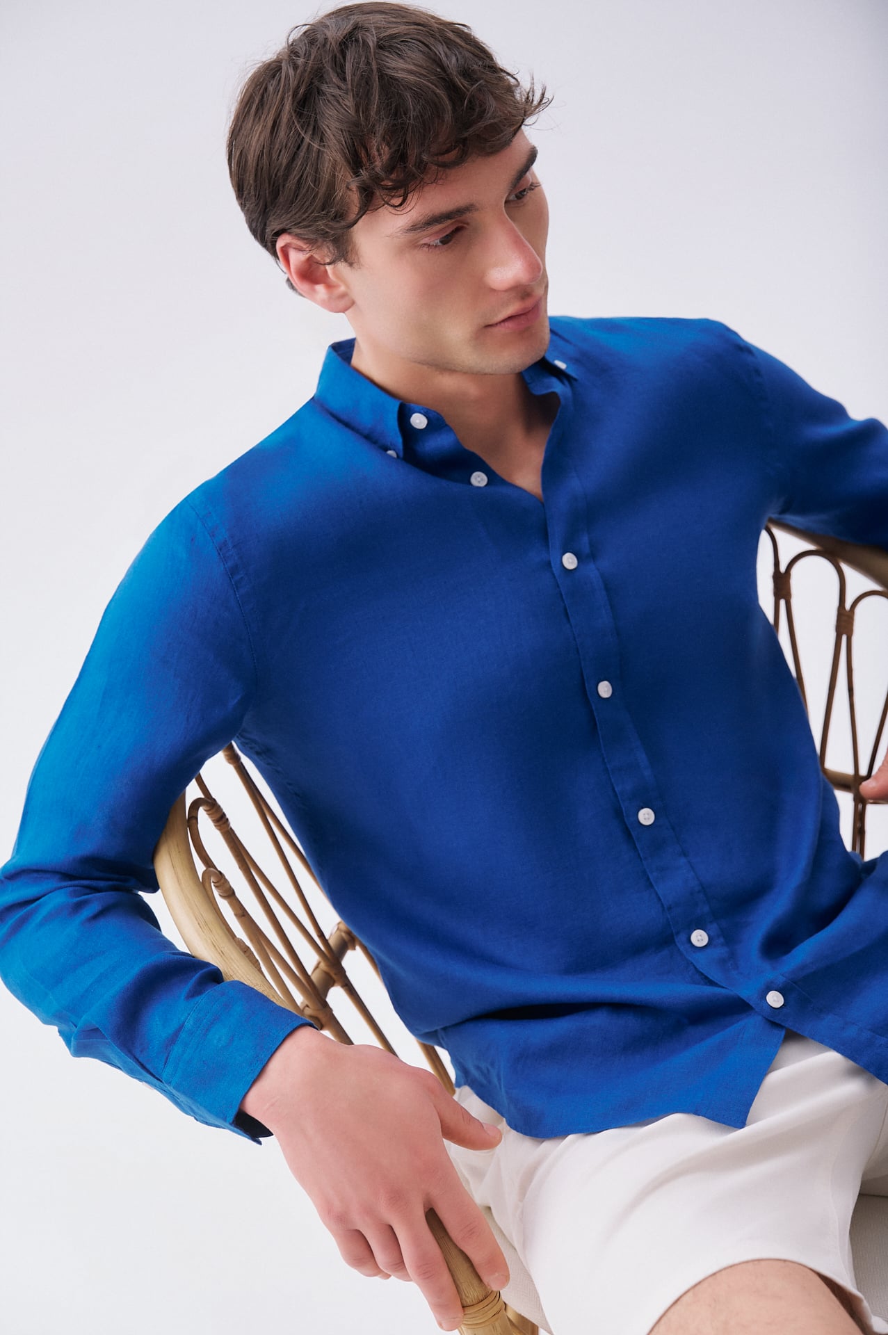 Erkek Saks Mavi Slim Fit Uzun Kollu Keten Gömlek