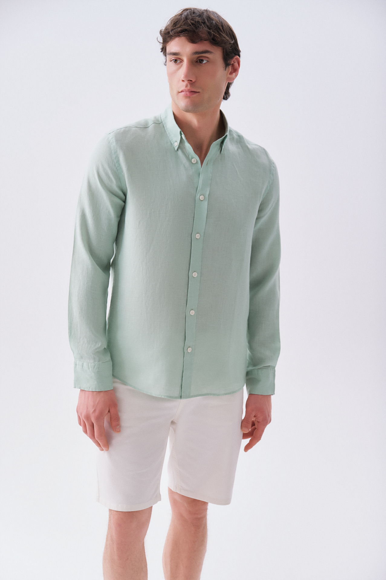 Erkek Mint Yeşil Slim Fit Uzun Kollu Keten Gömlek