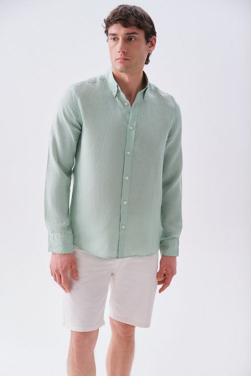  Erkek Mint Yeşil Slim Fit Uzun Kollu Keten Gömlek