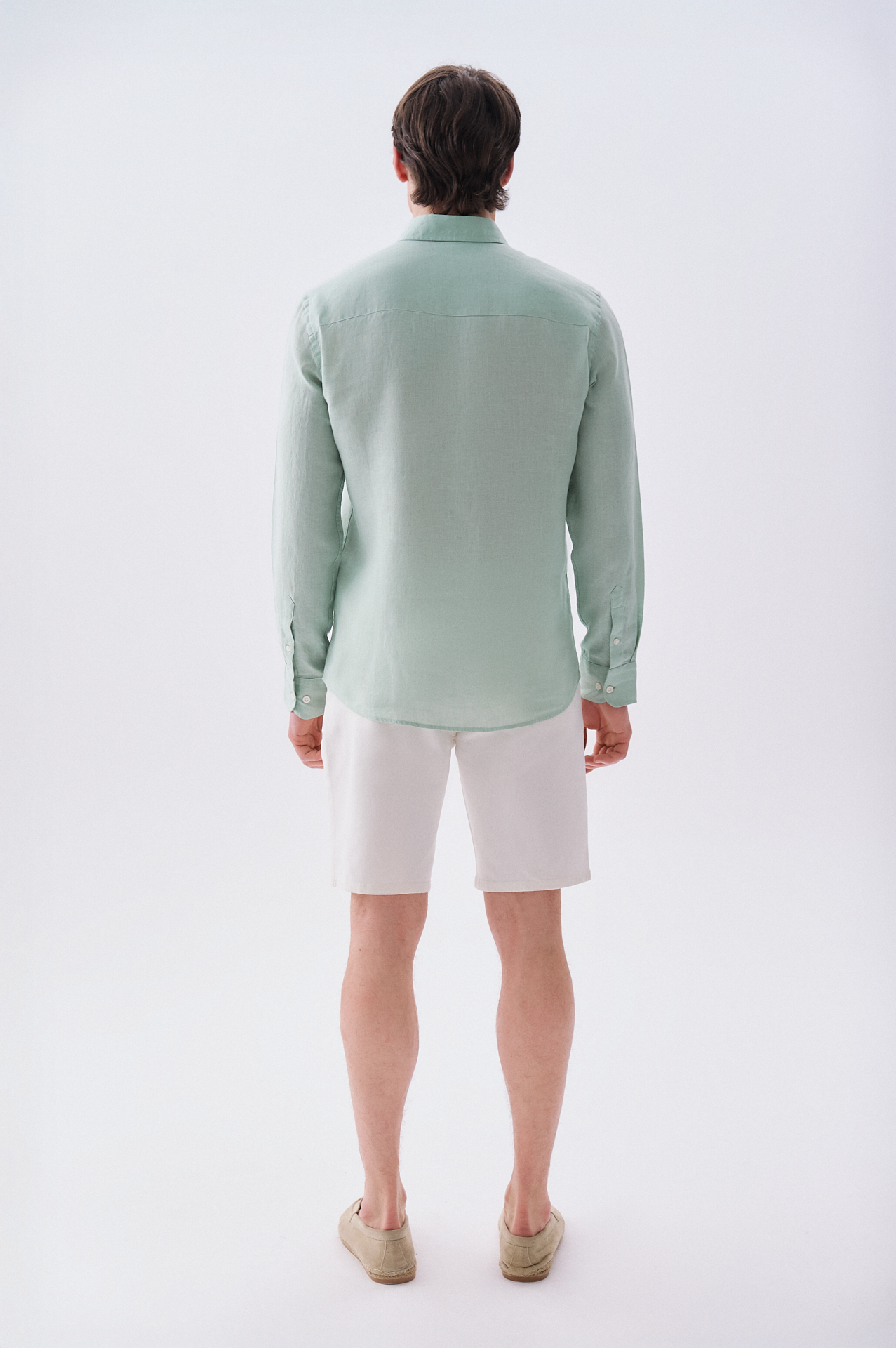 Erkek Mint Yeşil Slim Fit Uzun Kollu Keten Gömlek