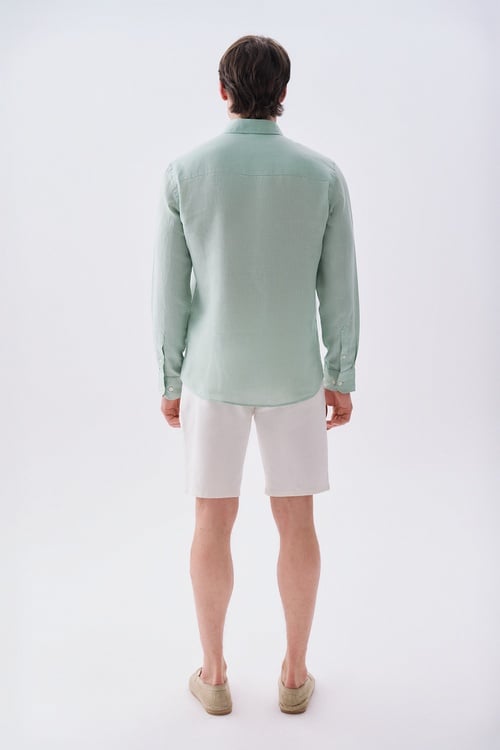  Erkek Mint Yeşil Slim Fit Uzun Kollu Keten Gömlek