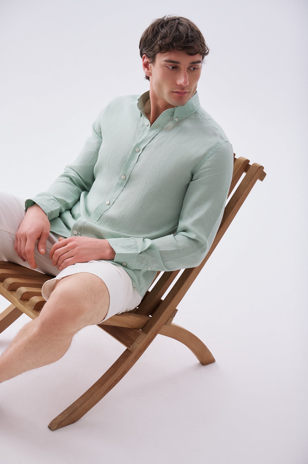 Erkek Mint Yeşil Slim Fit Uzun Kollu Keten Gömlek