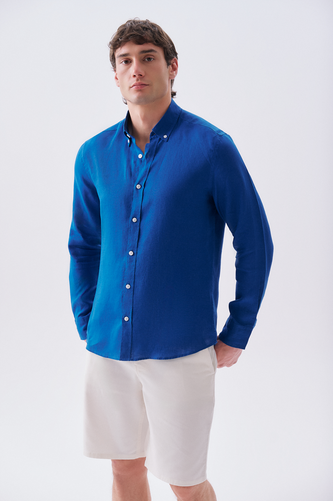 Erkek Saks Mavi Slim Fit Uzun Kollu Keten Gömlek