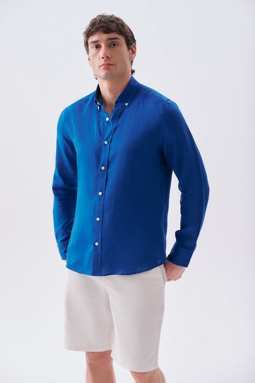  Erkek Saks Mavi Slim Fit Uzun Kollu Keten Gömlek