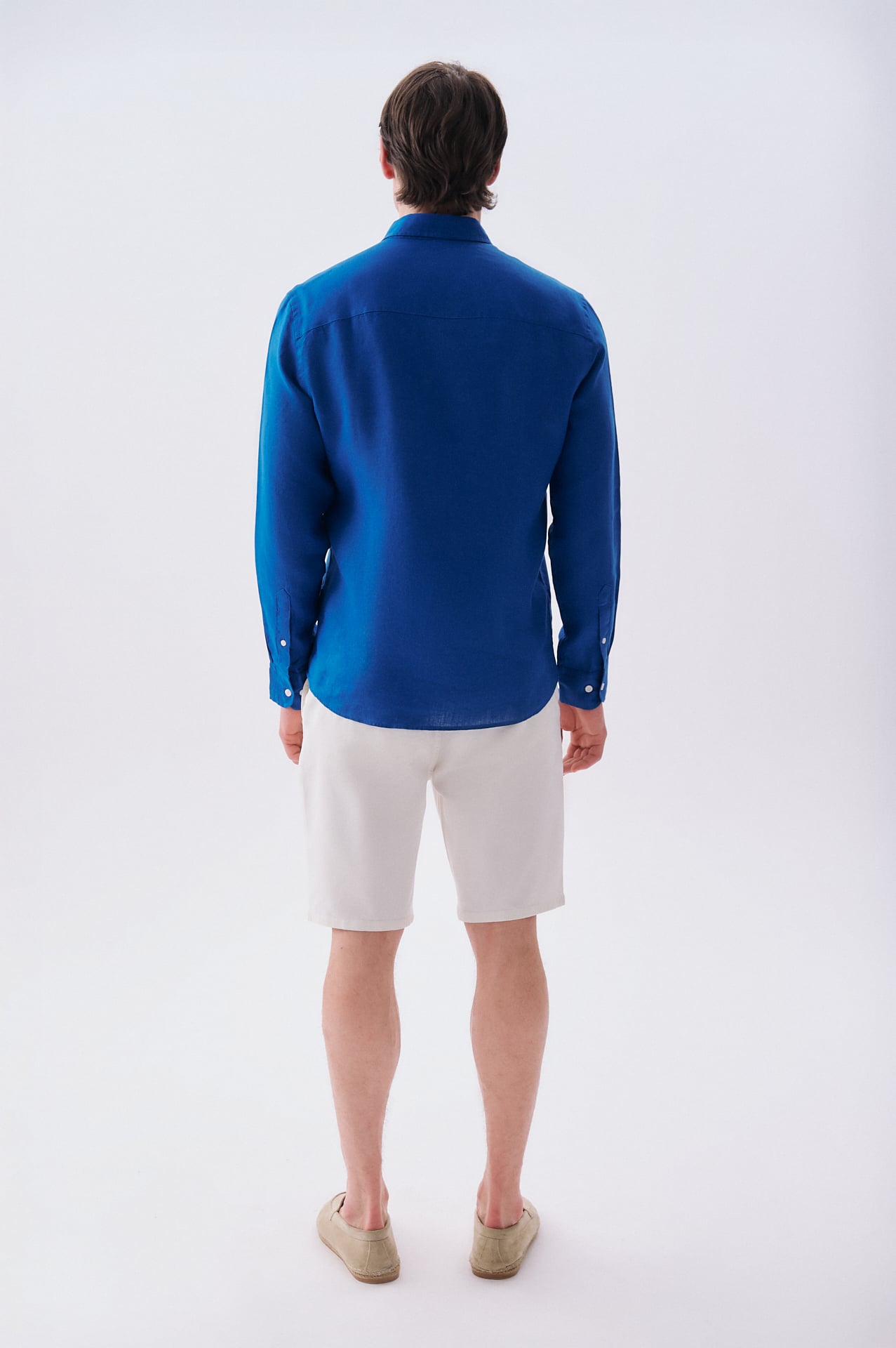 Erkek Saks Mavi Slim Fit Uzun Kollu Keten Gömlek