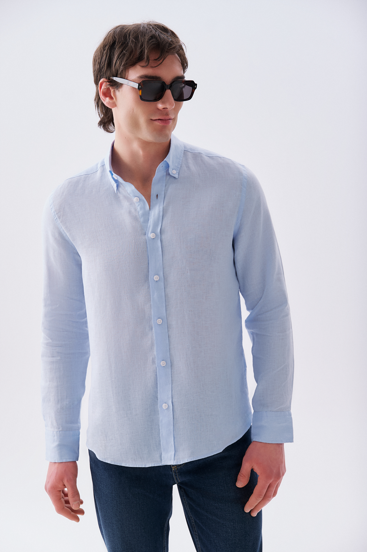 Erkek Mavi Slim Fit Uzun Kollu Keten Gömlek