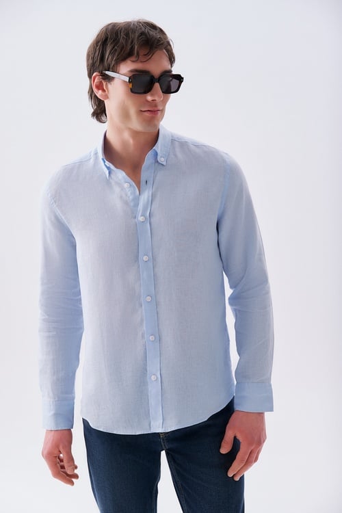 Erkek Mavi Slim Fit Uzun Kollu Keten Gömlek