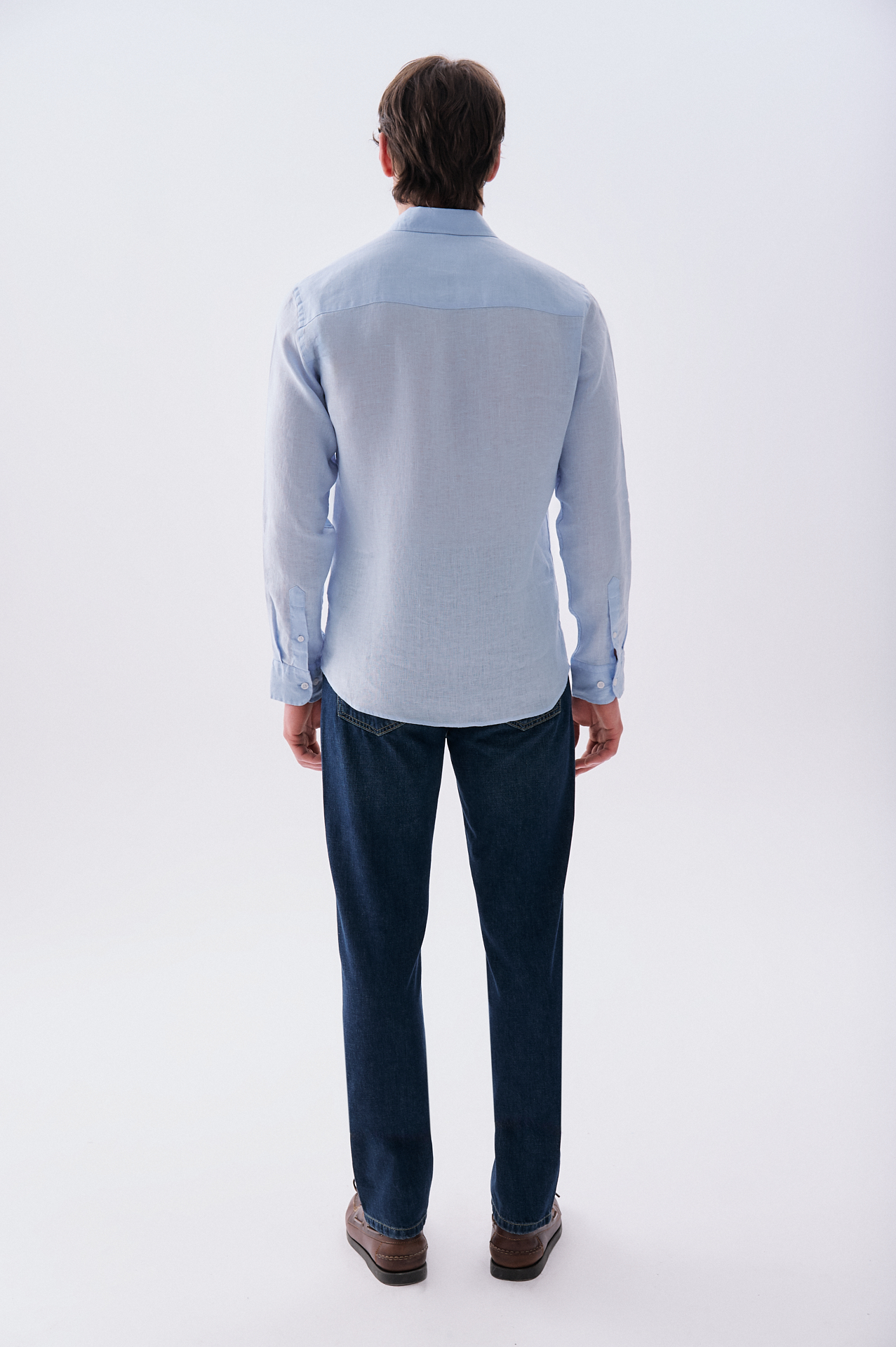 Erkek Mavi Slim Fit Uzun Kollu Keten Gömlek