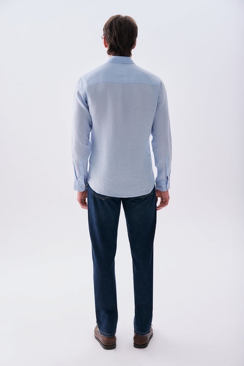 Erkek Mavi Slim Fit Uzun Kollu Keten Gömlek