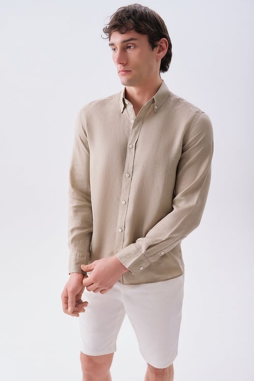 Erkek Bej Rengi Slim Fit Uzun Kollu Keten Gömlek
