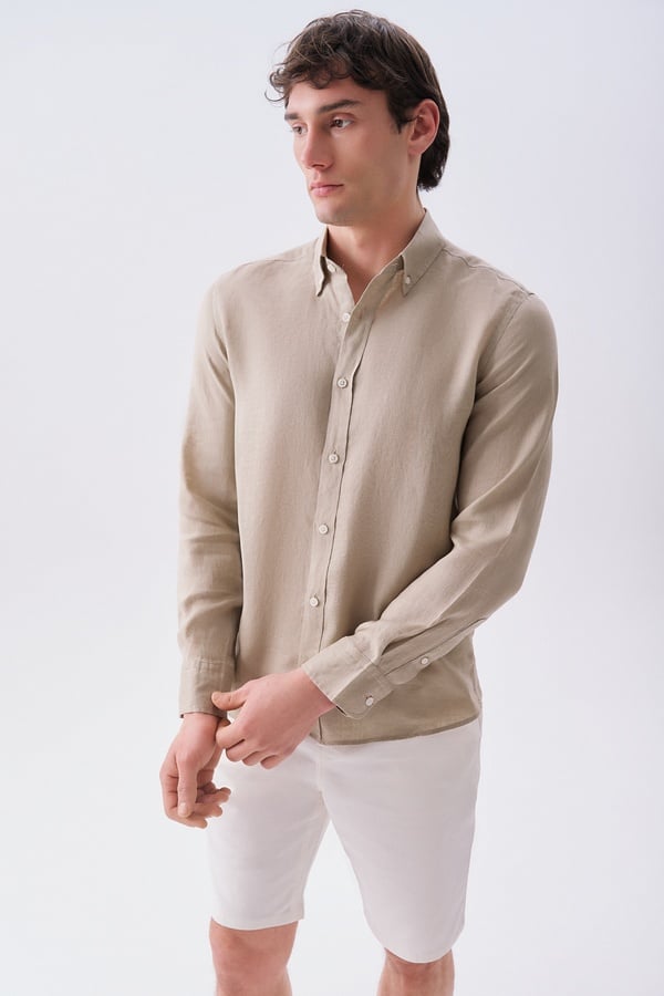 Erkek Bej Rengi Slim Fit Uzun Kollu Keten Gömlek