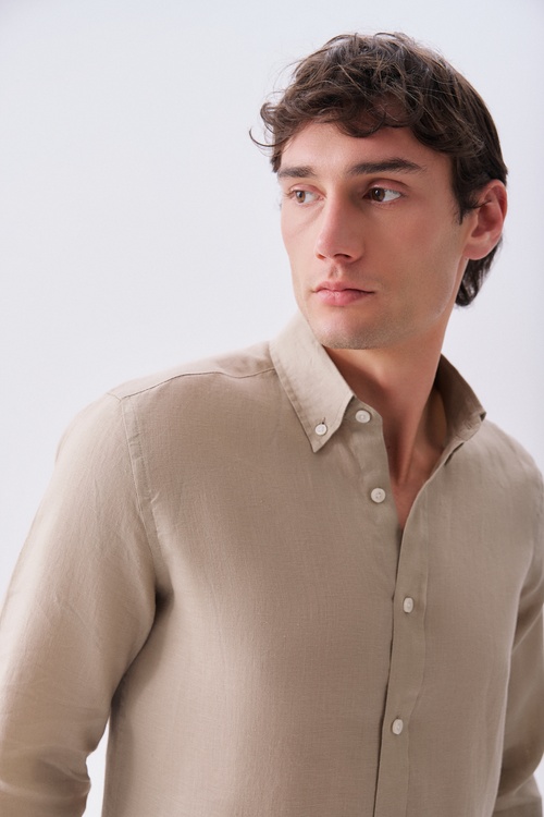Erkek Bej Rengi Slim Fit Uzun Kollu Keten Gömlek