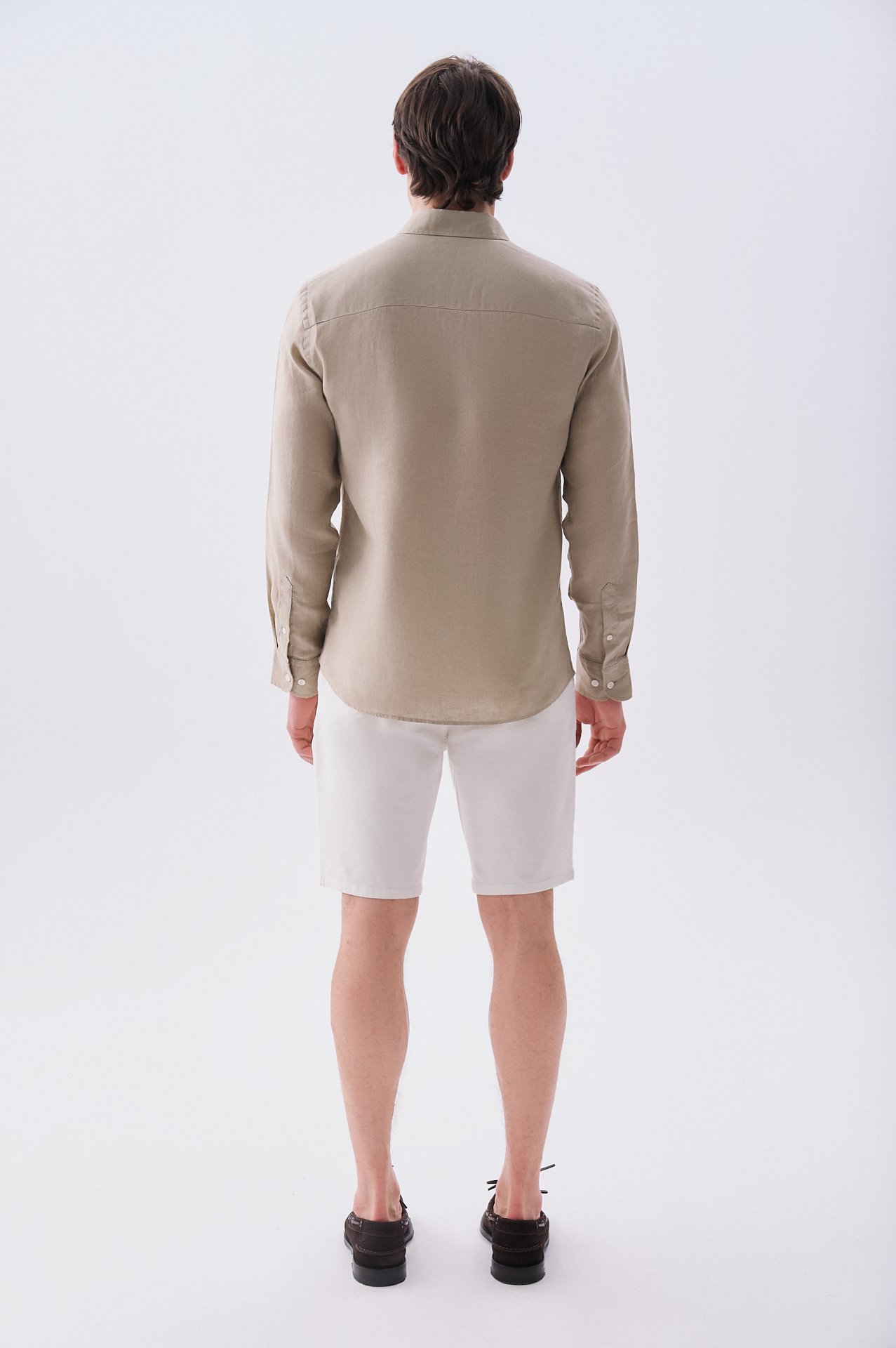 Erkek Bej Rengi Slim Fit Uzun Kollu Keten Gömlek