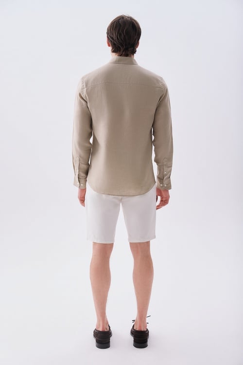 Erkek Bej Rengi Slim Fit Uzun Kollu Keten Gömlek