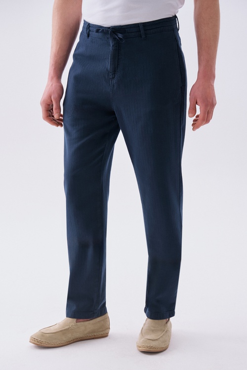 Erkek Lacivert Loose Fit Beli Bağlamalı Pantolon