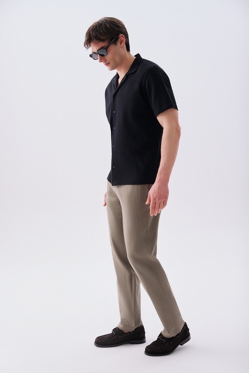 Erkek Vizon Rengi Loose Fit Beli Bağlamalı Pantolon