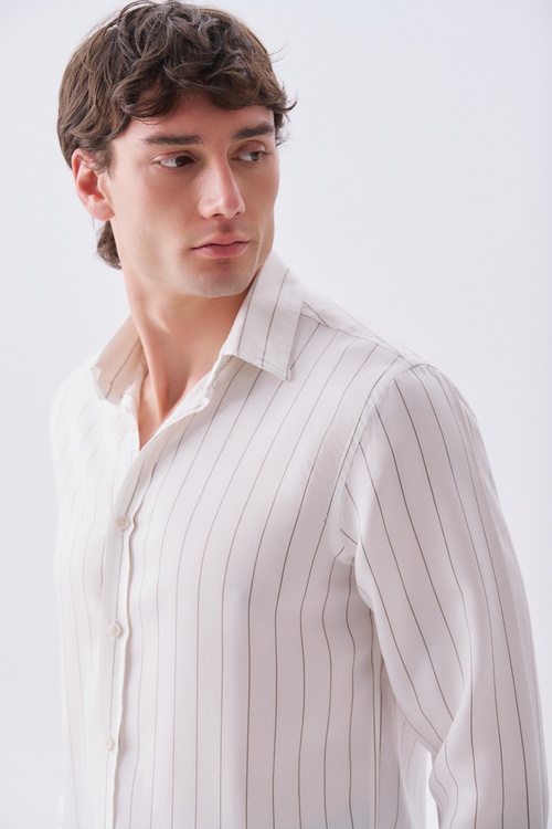 Erkek Kırık Beyaz Çizgili Regular Fit Uzun Kollu Gömlek
