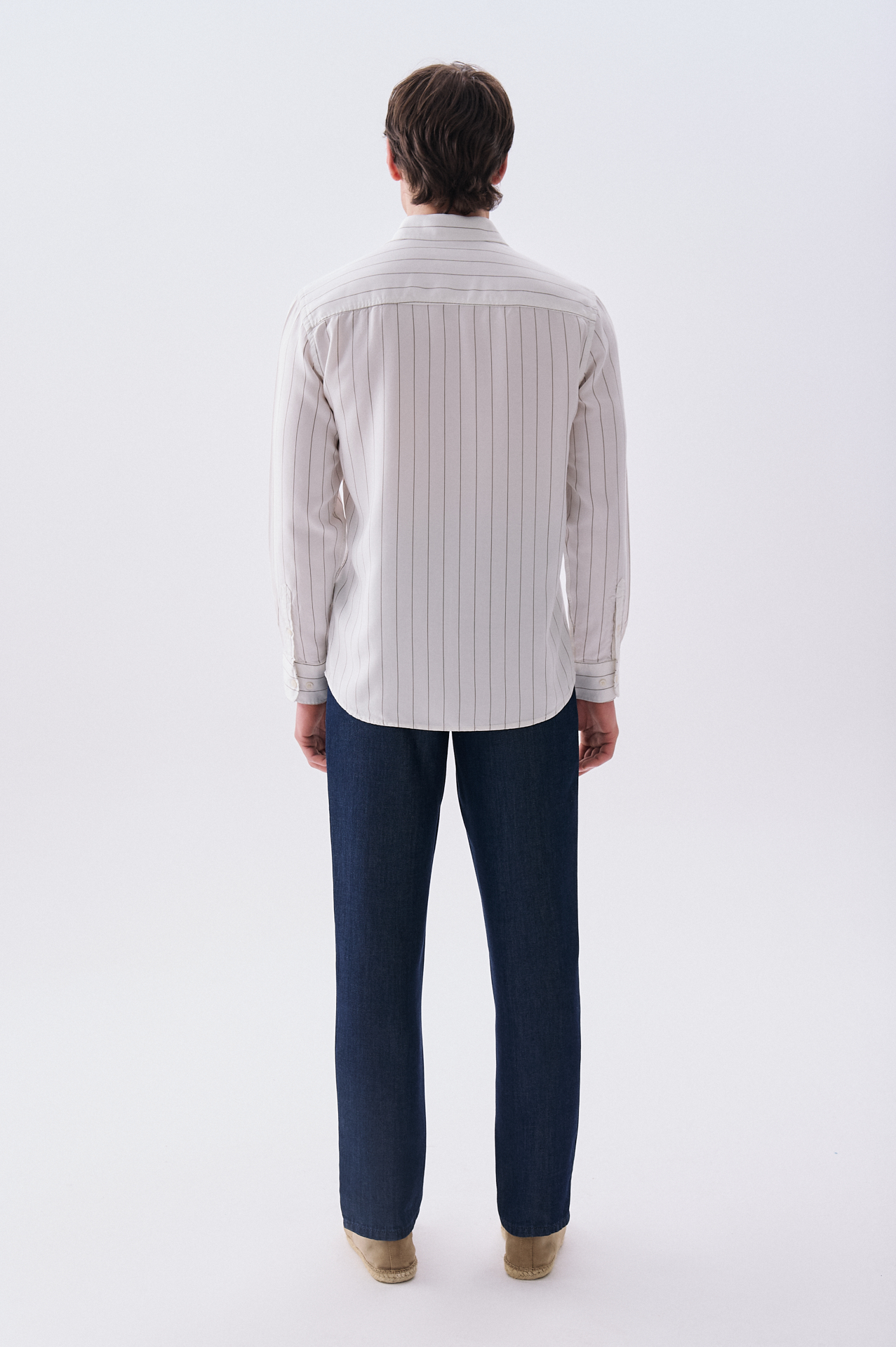 Erkek Kırık Beyaz Çizgili Regular Fit Uzun Kollu Gömlek