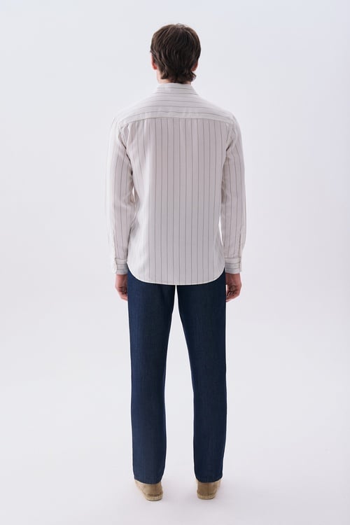 Erkek Kırık Beyaz Çizgili Regular Fit Uzun Kollu Gömlek
