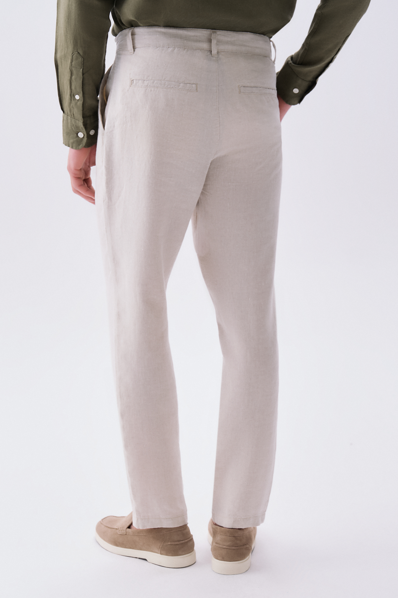 Erkek Bej Straight Fit Keten Pantolon