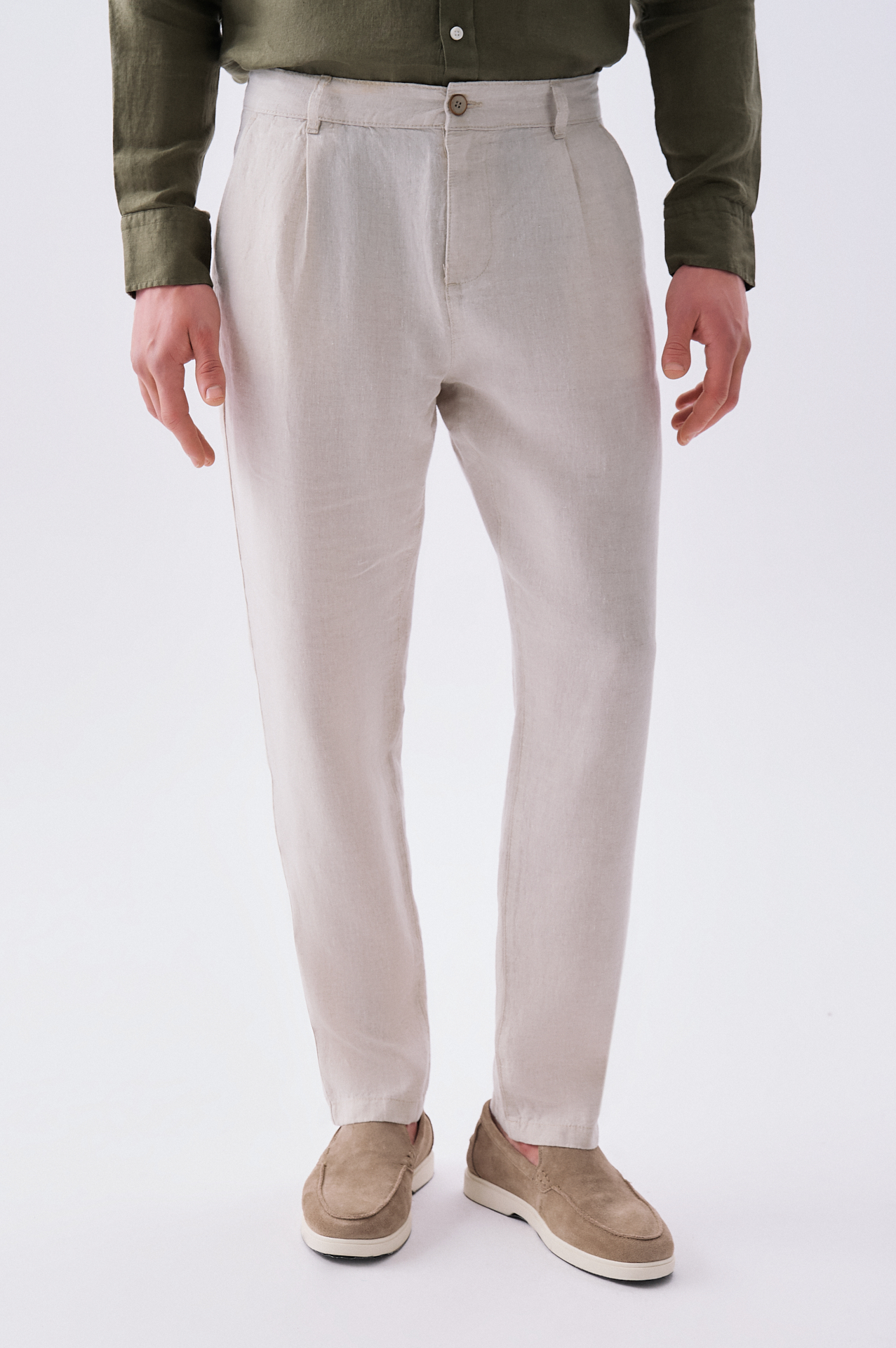 Erkek Bej Straight Fit Keten Pantolon