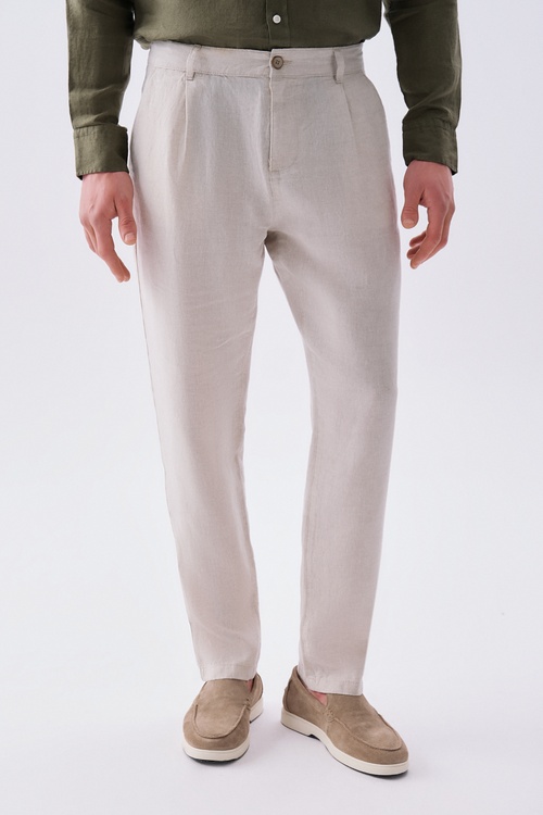 Erkek Bej Straight Fit Keten Pantolon
